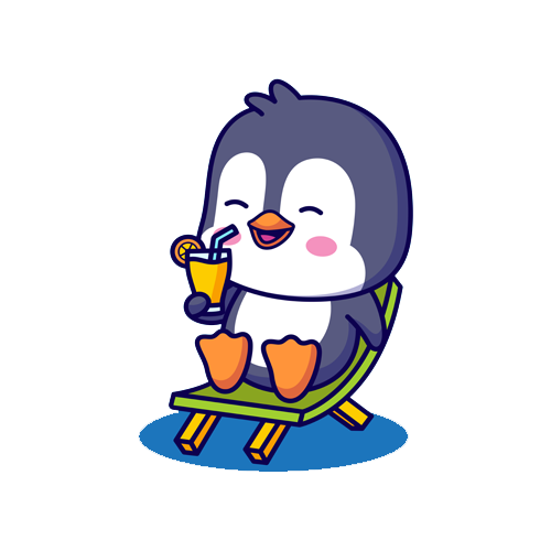 Cartoon penguin lounging in a chair with a juice in hand and loving life