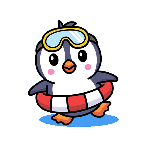 Cartoon penguin wearing a life saver floaty, ready for a hot, hot swim