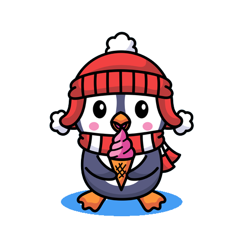 Cartoon penguin wearing a winter hat and scarf yet also eating ice cream in cold weather